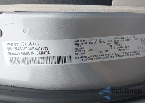 2021 Chrysler Voyager Lxi z USA, uszkodzony, nr VIN 2C4RC1DG0MR547681